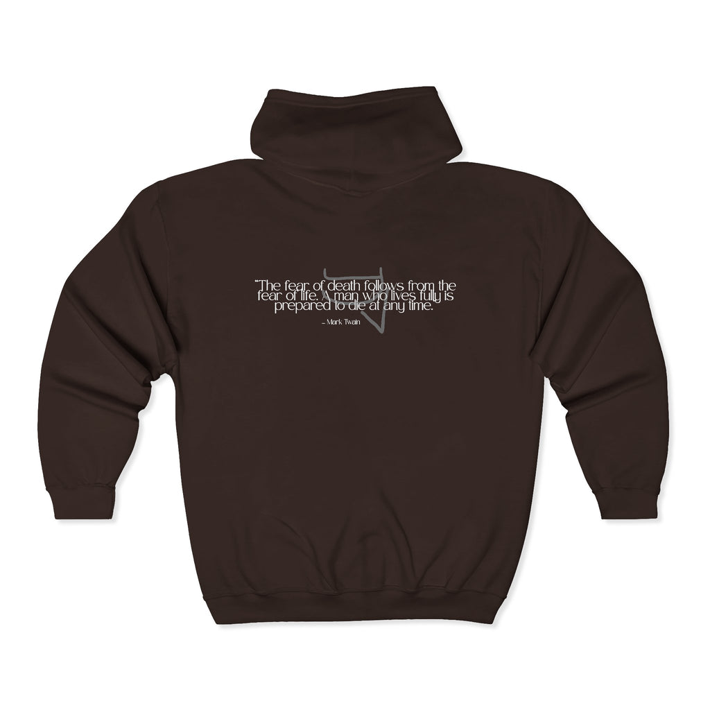 Unisex Heavy Zip Hoodie — “The fear of death follows from the fear of life. A man who lives fully is prepared to die at any time.”