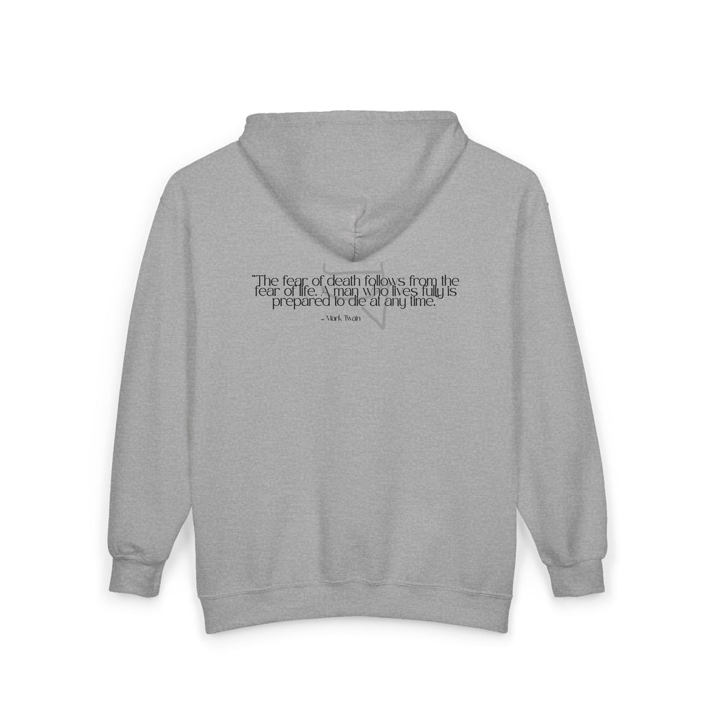 Unisex Heavy Zip Hoodie — “The fear of death follows from the fear of life. A man who lives fully is prepared to die at any time.”