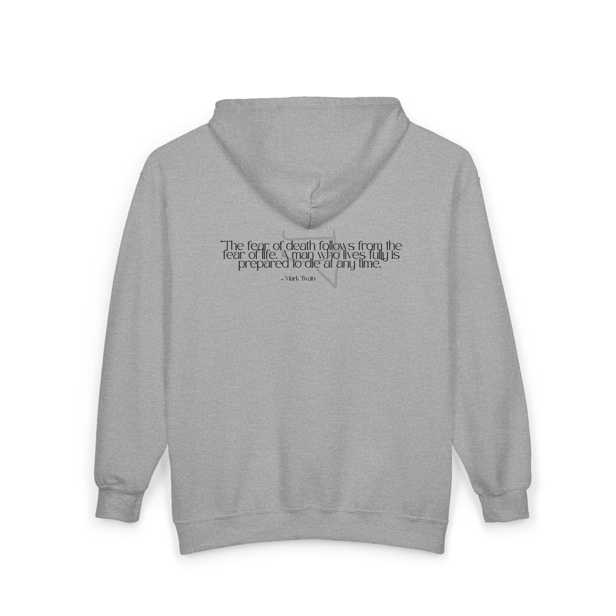Unisex Heavy Zip Hoodie — “The fear of death follows from the fear of life. A man who lives fully is prepared to die at any time.”