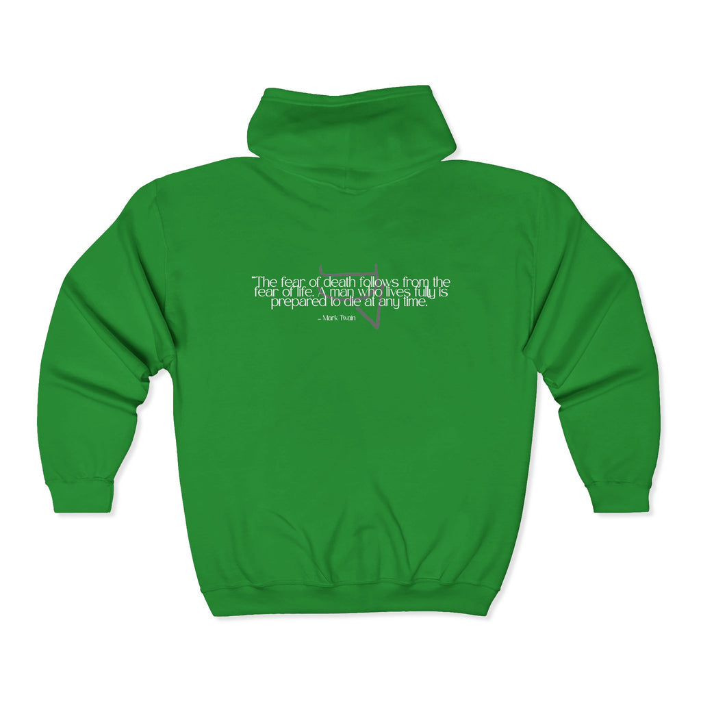 Unisex Heavy Zip Hoodie — “The fear of death follows from the fear of life. A man who lives fully is prepared to die at any time.”