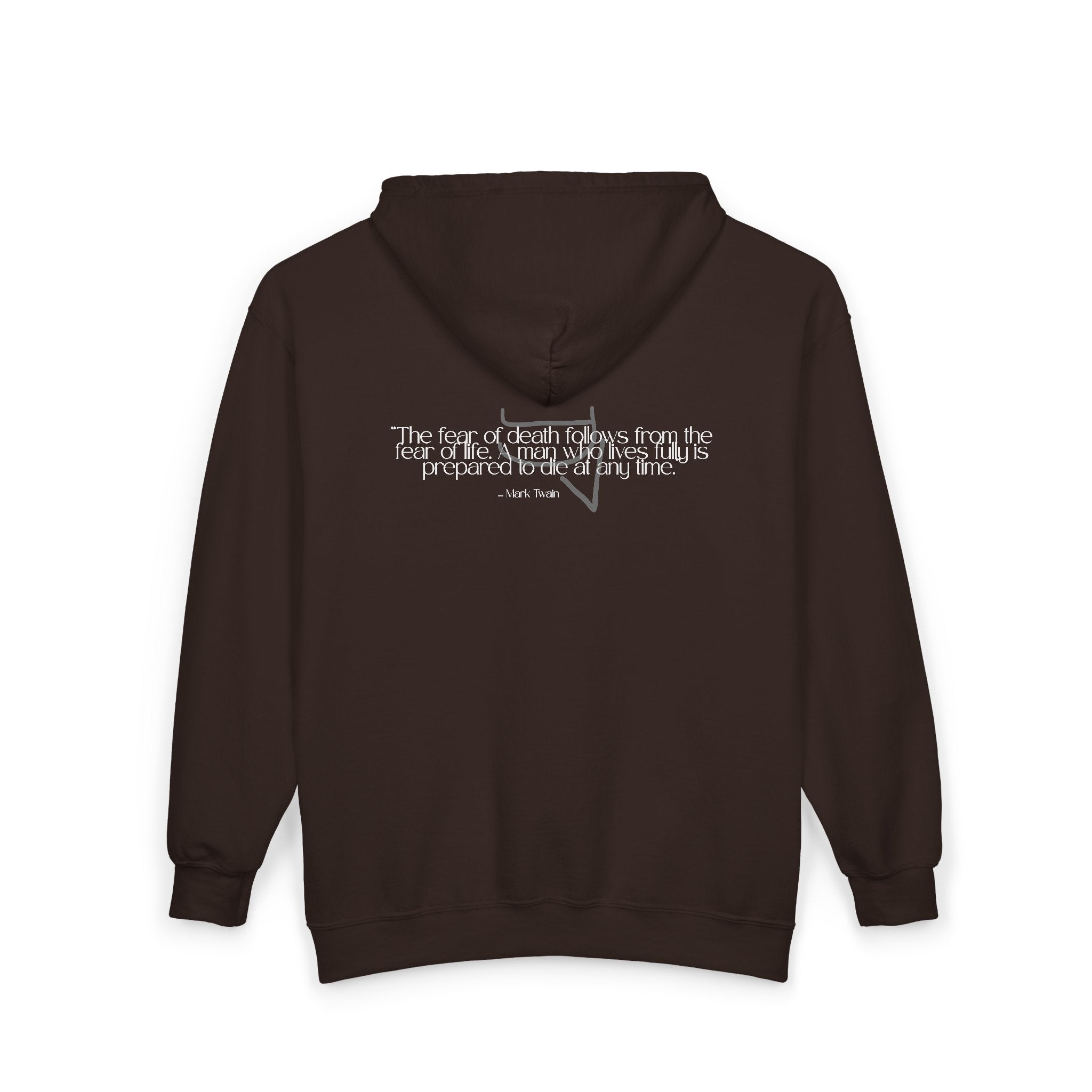Unisex Heavy Zip Hoodie — “The fear of death follows from the fear of life. A man who lives fully is prepared to die at any time.”