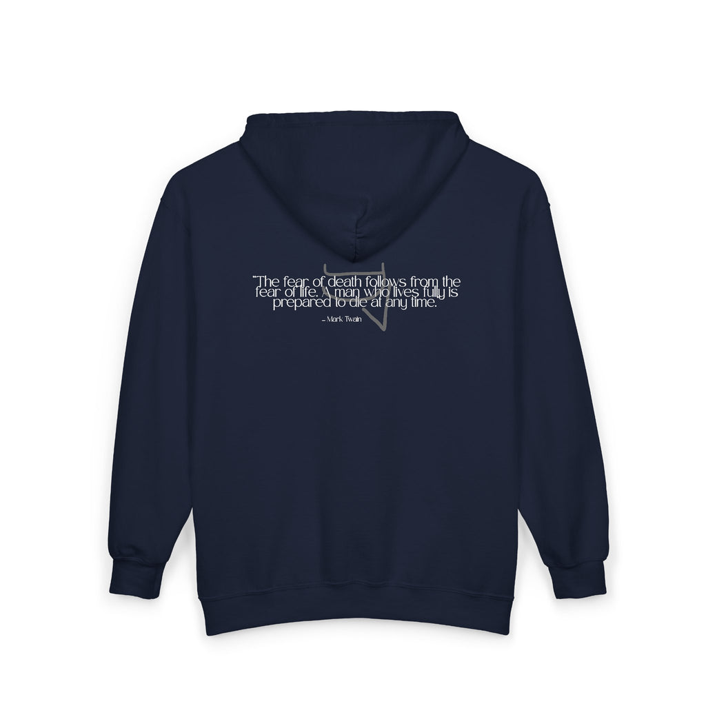 Unisex Heavy Zip Hoodie — “The fear of death follows from the fear of life. A man who lives fully is prepared to die at any time.”