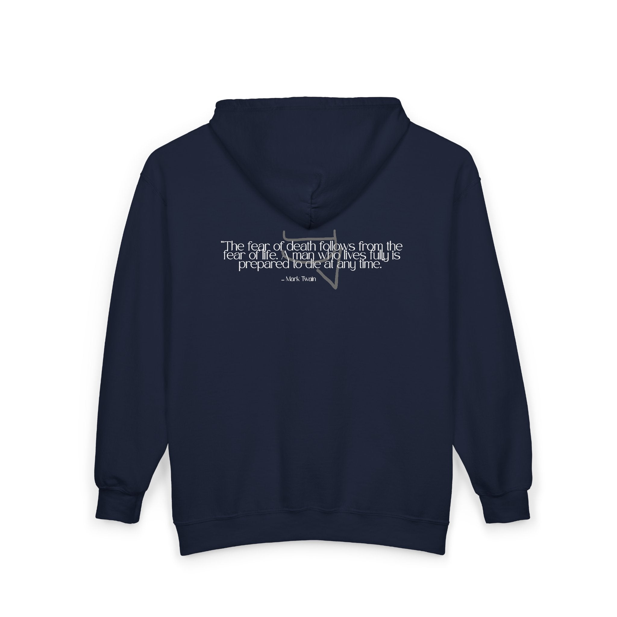 Unisex Heavy Zip Hoodie — “The fear of death follows from the fear of life. A man who lives fully is prepared to die at any time.”