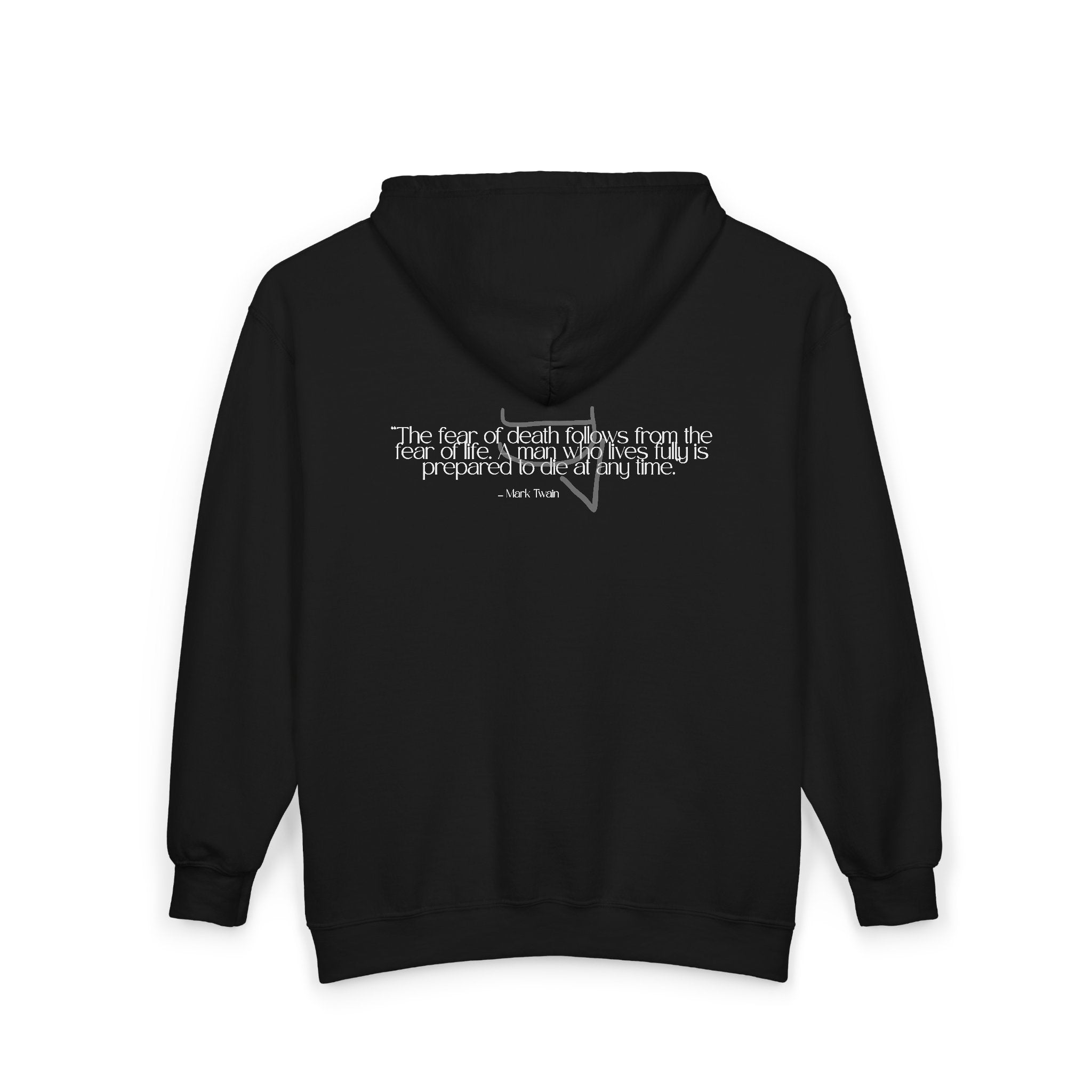 Unisex Heavy Zip Hoodie — “The fear of death follows from the fear of life. A man who lives fully is prepared to die at any time.”