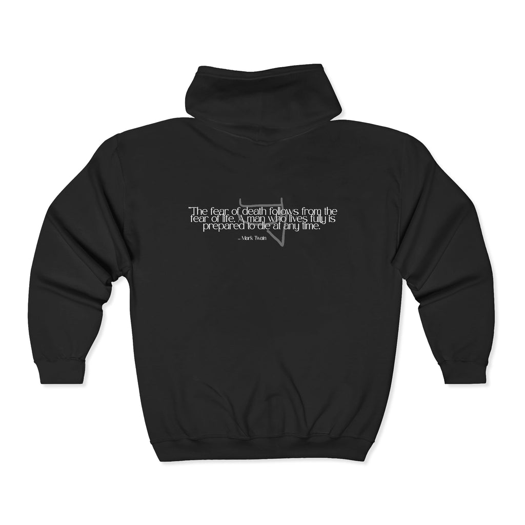 Unisex Heavy Zip Hoodie — “The fear of death follows from the fear of life. A man who lives fully is prepared to die at any time.”