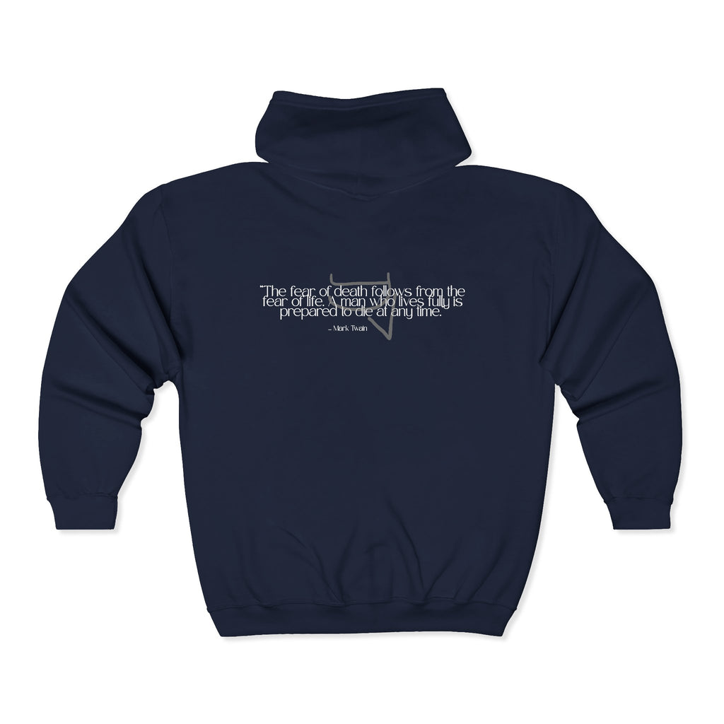 Unisex Heavy Zip Hoodie — “The fear of death follows from the fear of life. A man who lives fully is prepared to die at any time.”