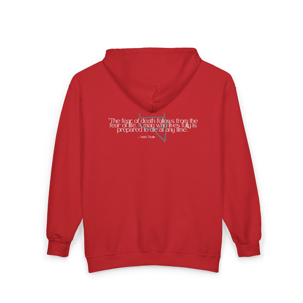 Unisex Heavy Zip Hoodie — “The fear of death follows from the fear of life. A man who lives fully is prepared to die at any time.”