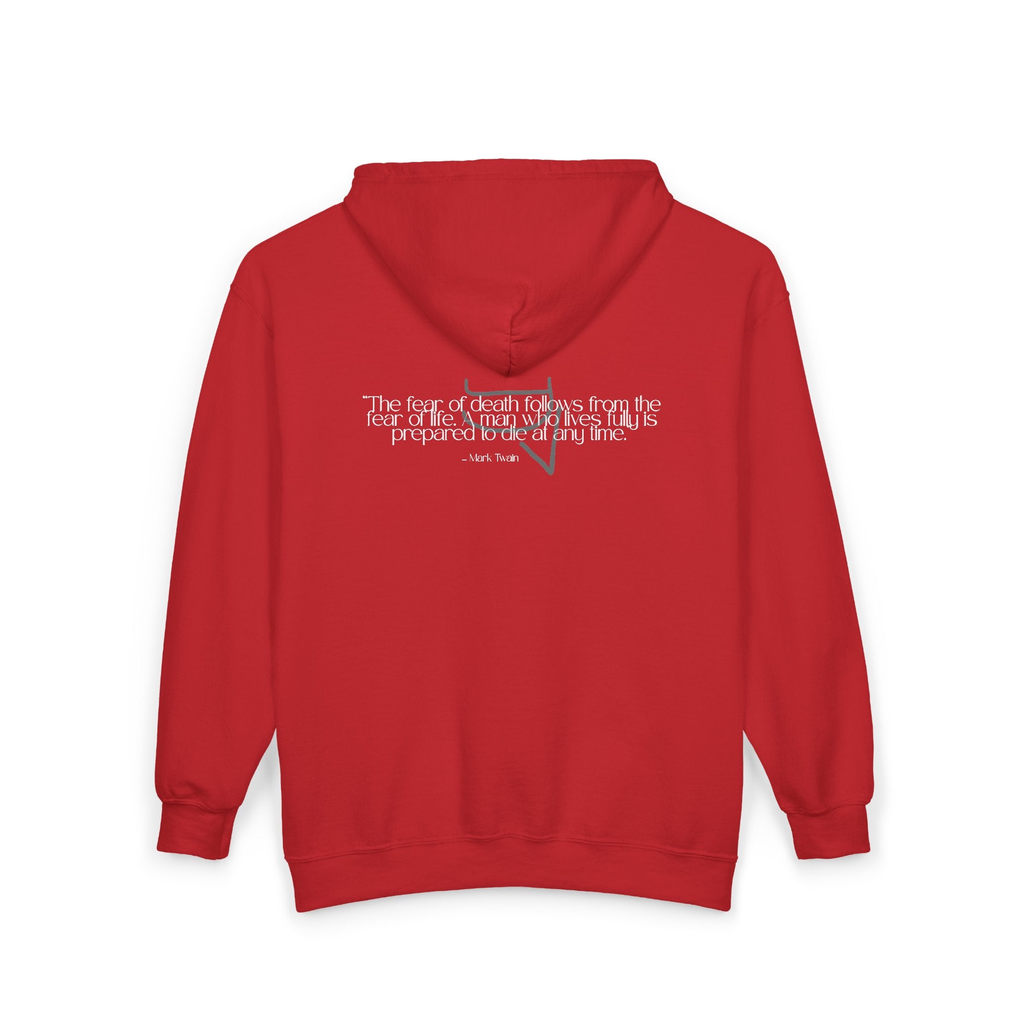 Unisex Heavy Zip Hoodie — “The fear of death follows from the fear of life. A man who lives fully is prepared to die at any time.”