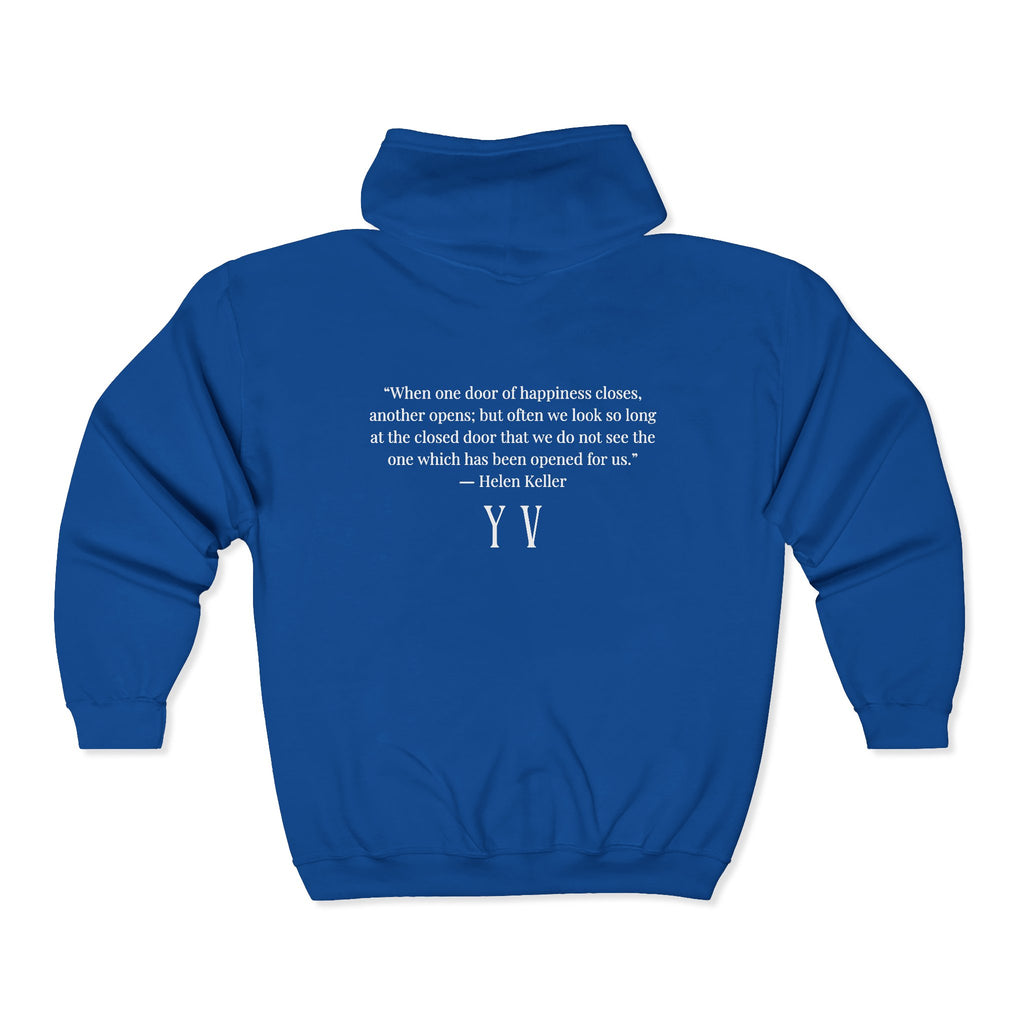 Unisex Heavy Blend™ Full Zip Hooded Sweatshirt -“When one door of happiness closes, another opens; but often we look so long at the closed door that we do not see the one which has been opened for us...
