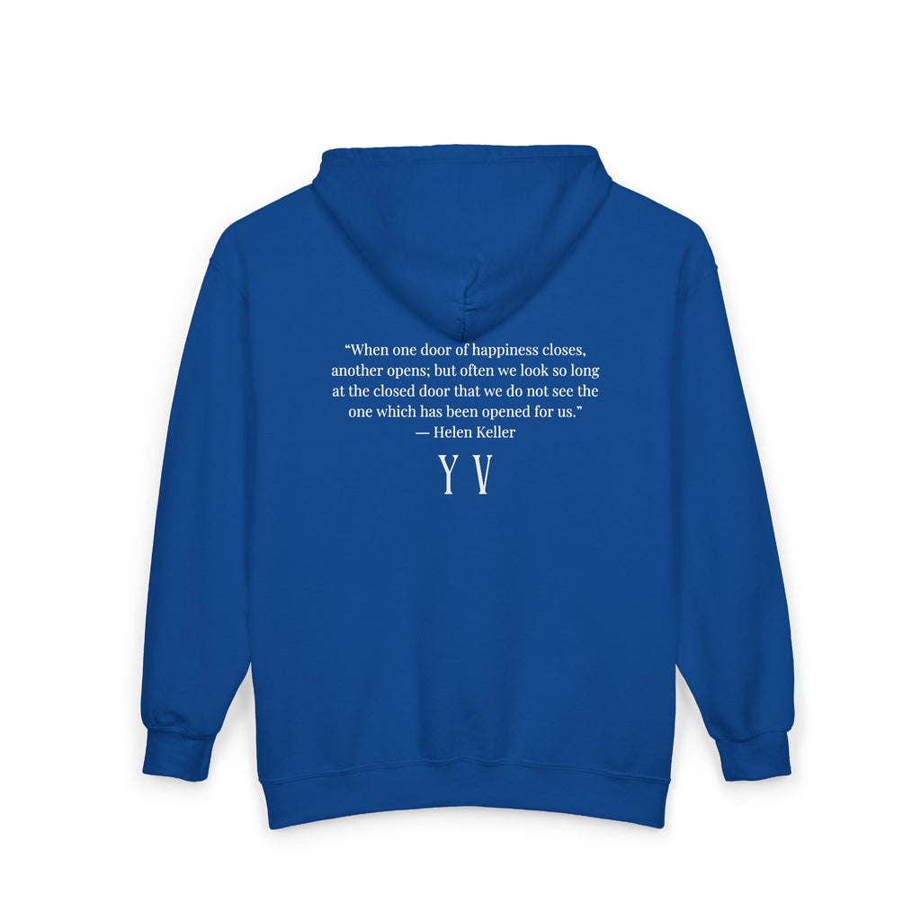 Unisex Heavy Blend™ Full Zip Hooded Sweatshirt -“When one door of happiness closes, another opens; but often we look so long at the closed door that we do not see the one which has been opened for us...