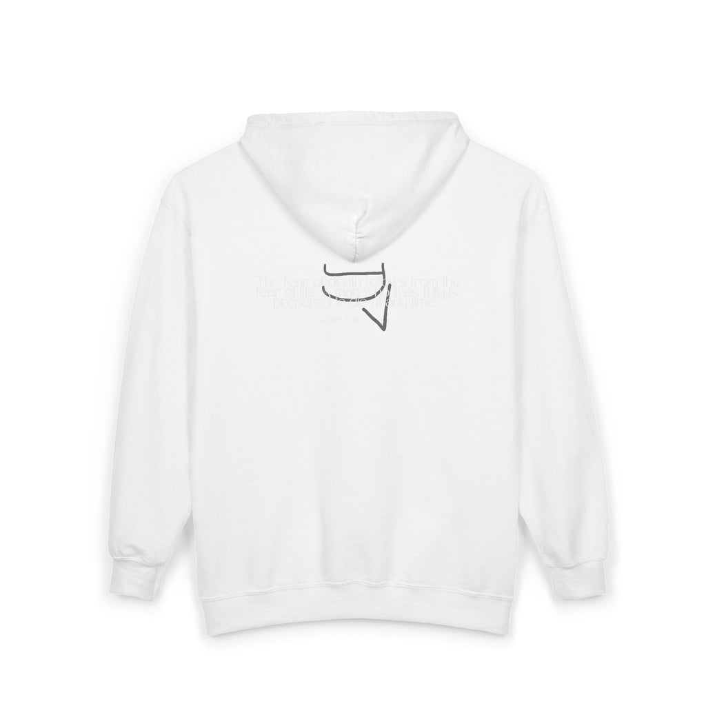 Unisex Heavy Zip Hoodie — “The fear of death follows from the fear of life. A man who lives fully is prepared to die at any time.”
