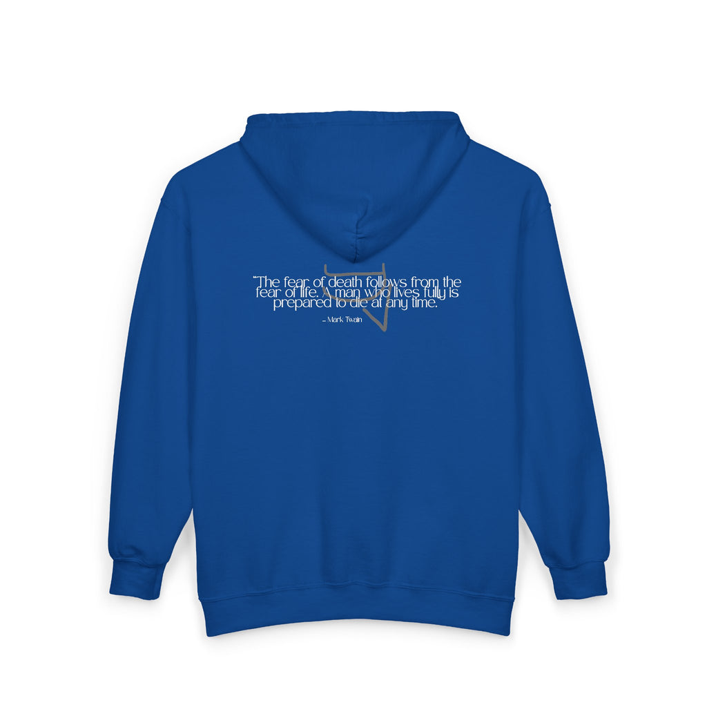 Unisex Heavy Zip Hoodie — “The fear of death follows from the fear of life. A man who lives fully is prepared to die at any time.”