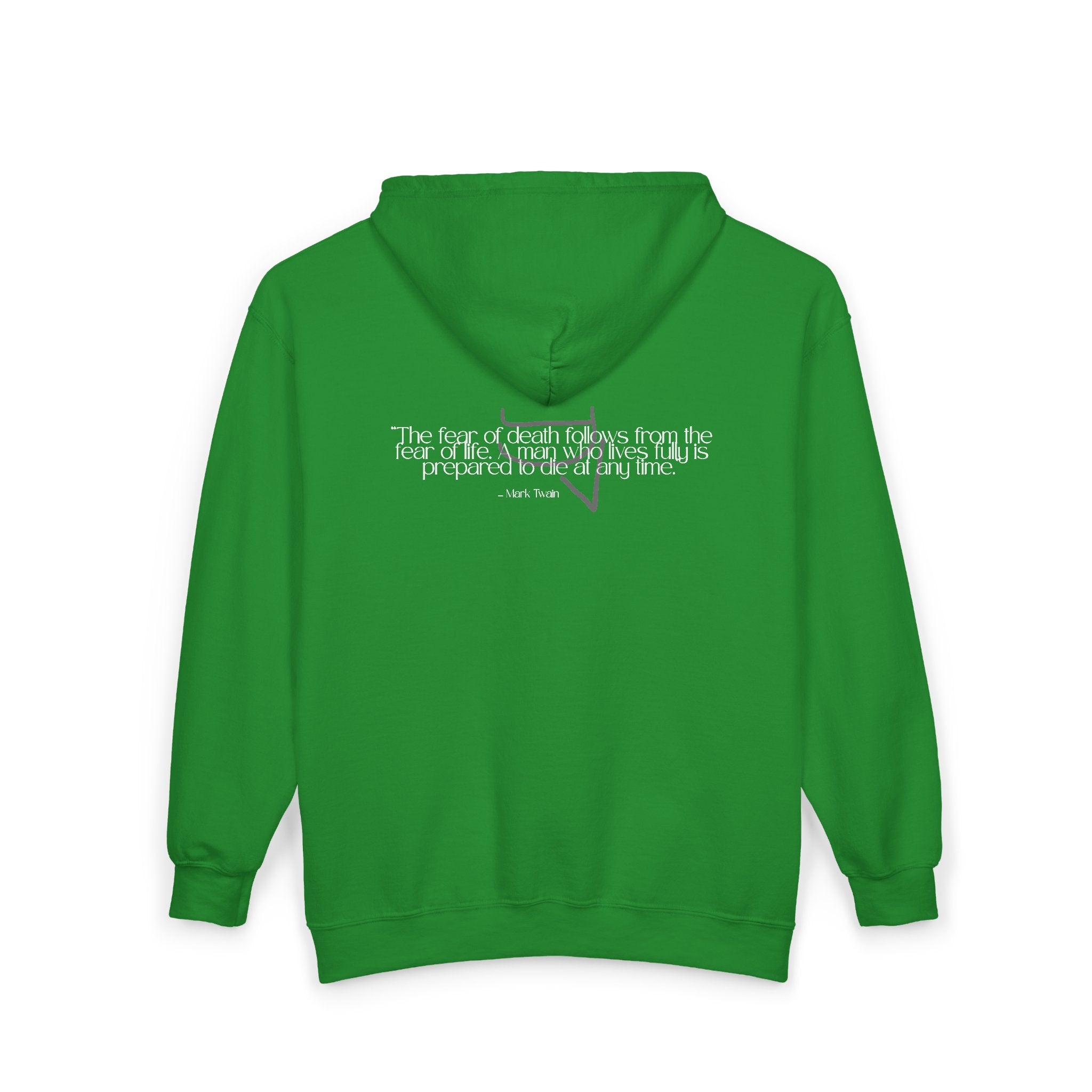 Unisex Heavy Zip Hoodie — “The fear of death follows from the fear of life. A man who lives fully is prepared to die at any time.”